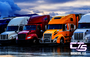 A lineup of CTS Brokers tractor-trailers