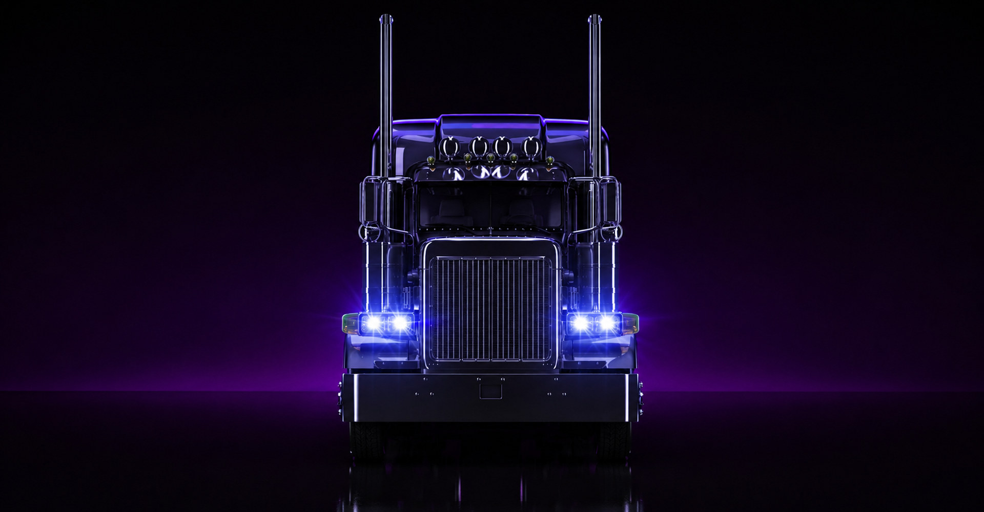 A tractor-trailer lit in purple against a dark studio background